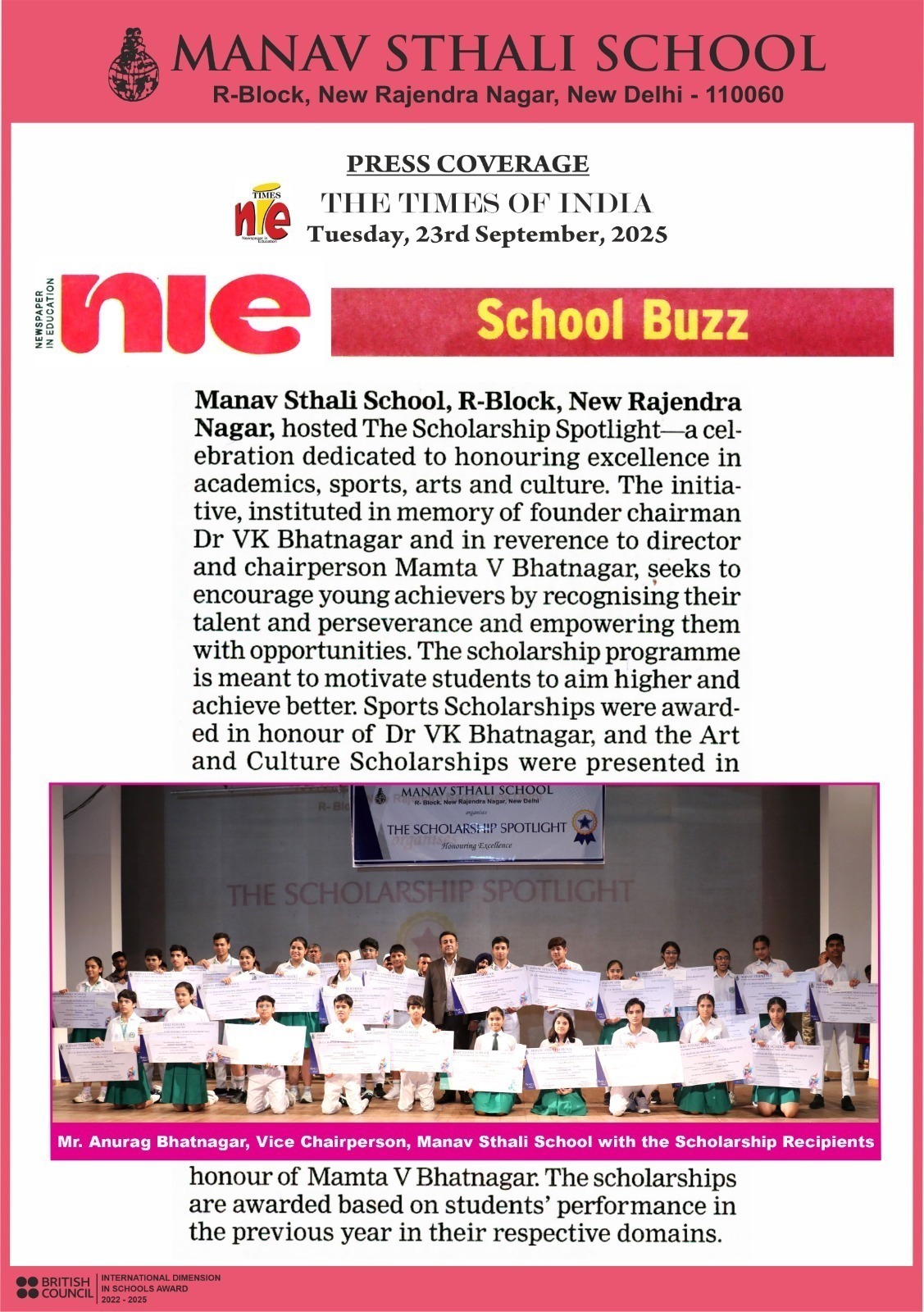 Scholarships, Manav Sthali School, award, Central Delhi, Academic, excellence, Sports, Art and culture, Bhatnagar, Anurag Bhatnagar, recognising excellence, achievements, Times of India, NIE, Buzz, Press Coverage, Best