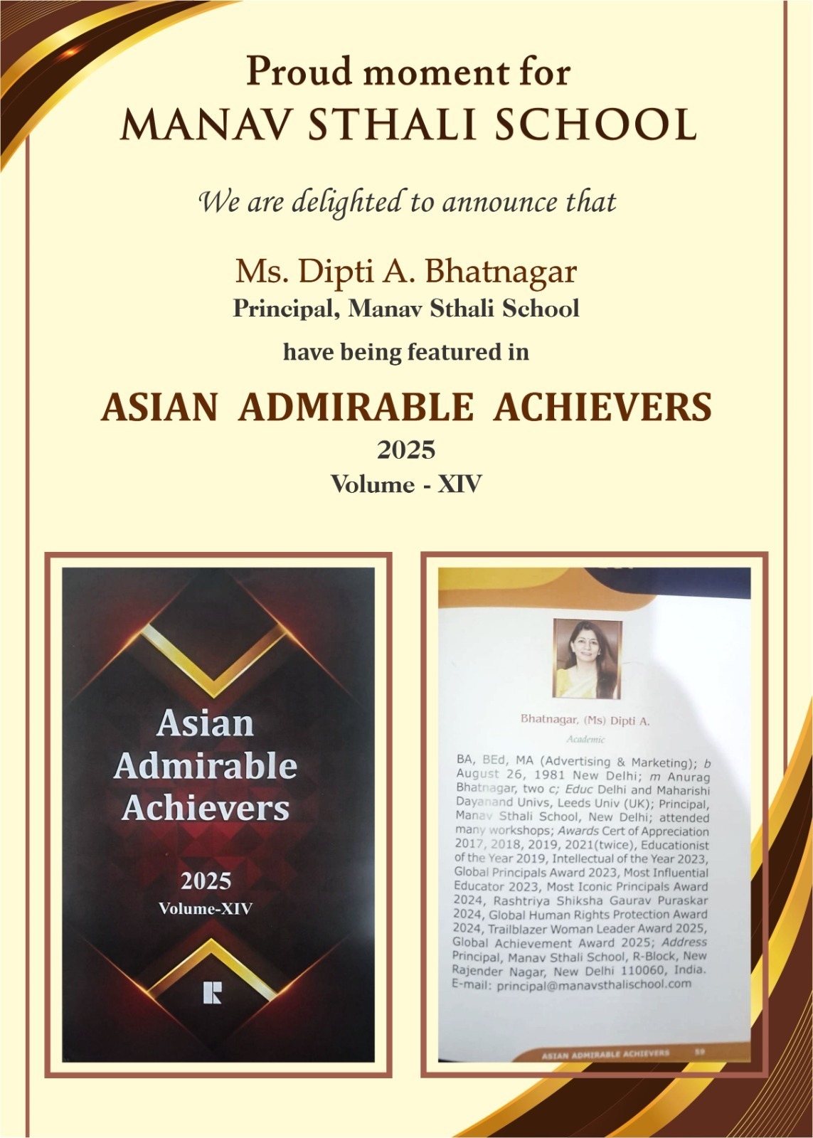 Manav Sthali School proud moment, Ms. Dipti A. Bhatnagar Principal, Asian Admirable Achievers 2025, Manav Sthali leadership recognition, education excellence India, school principal award 2025, Asian Admirable Achievers Volume XIV, educator excellence award, inspiring school leaders India, Manav Sthali achievements, recognition for school leadership, Manav Sthali School Delhi