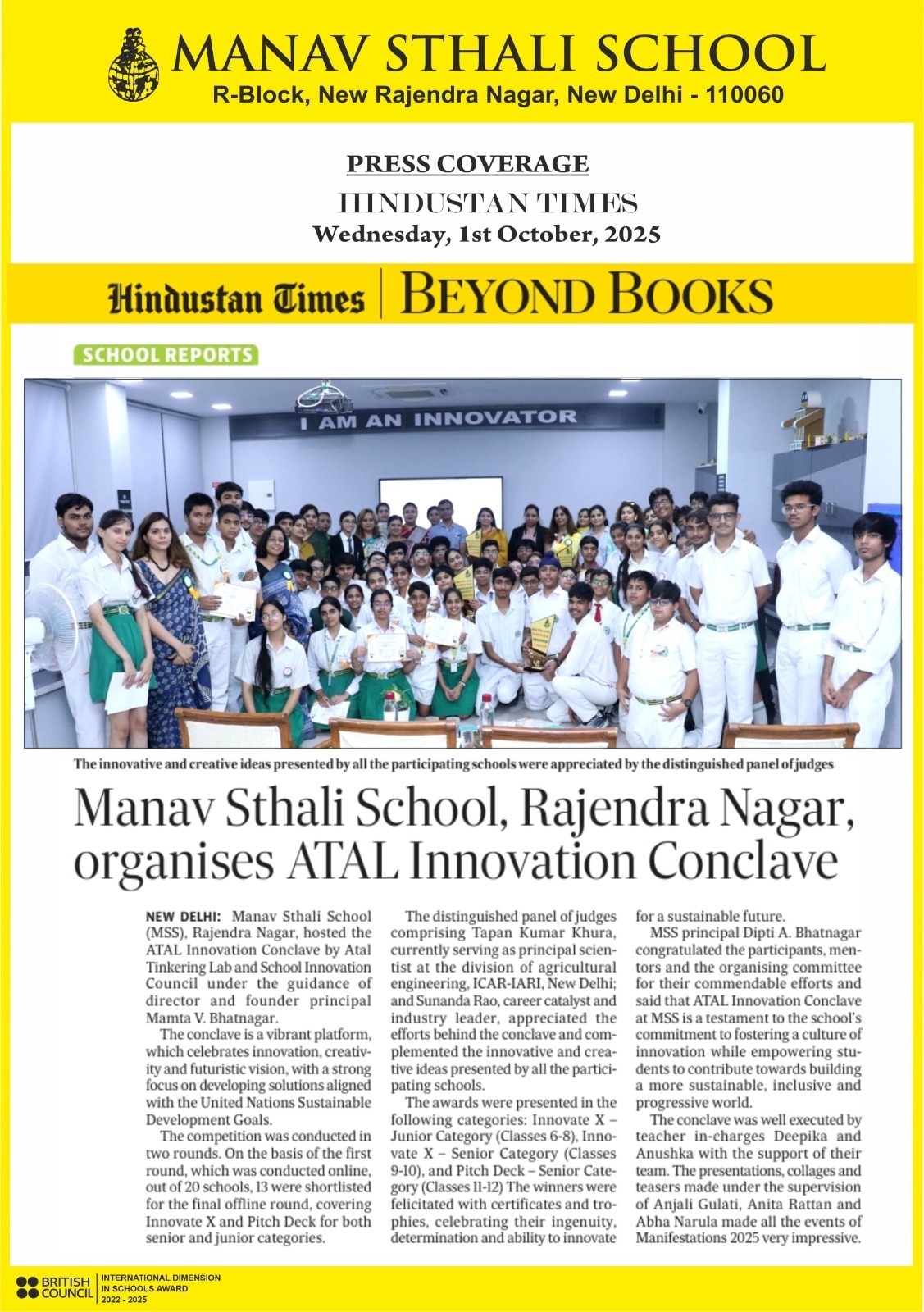ATAL, Innovation Conclave 2025, Manav Sthali School, Atal Tinkering Lab, School Innovation Council, UN- Sustainable Development Goals (SDGs), Creativity, Creative thinkinhog, Innovate, Sustainable, Future, Innovator, Mentorship, Guidance, Innovation, Manifestation