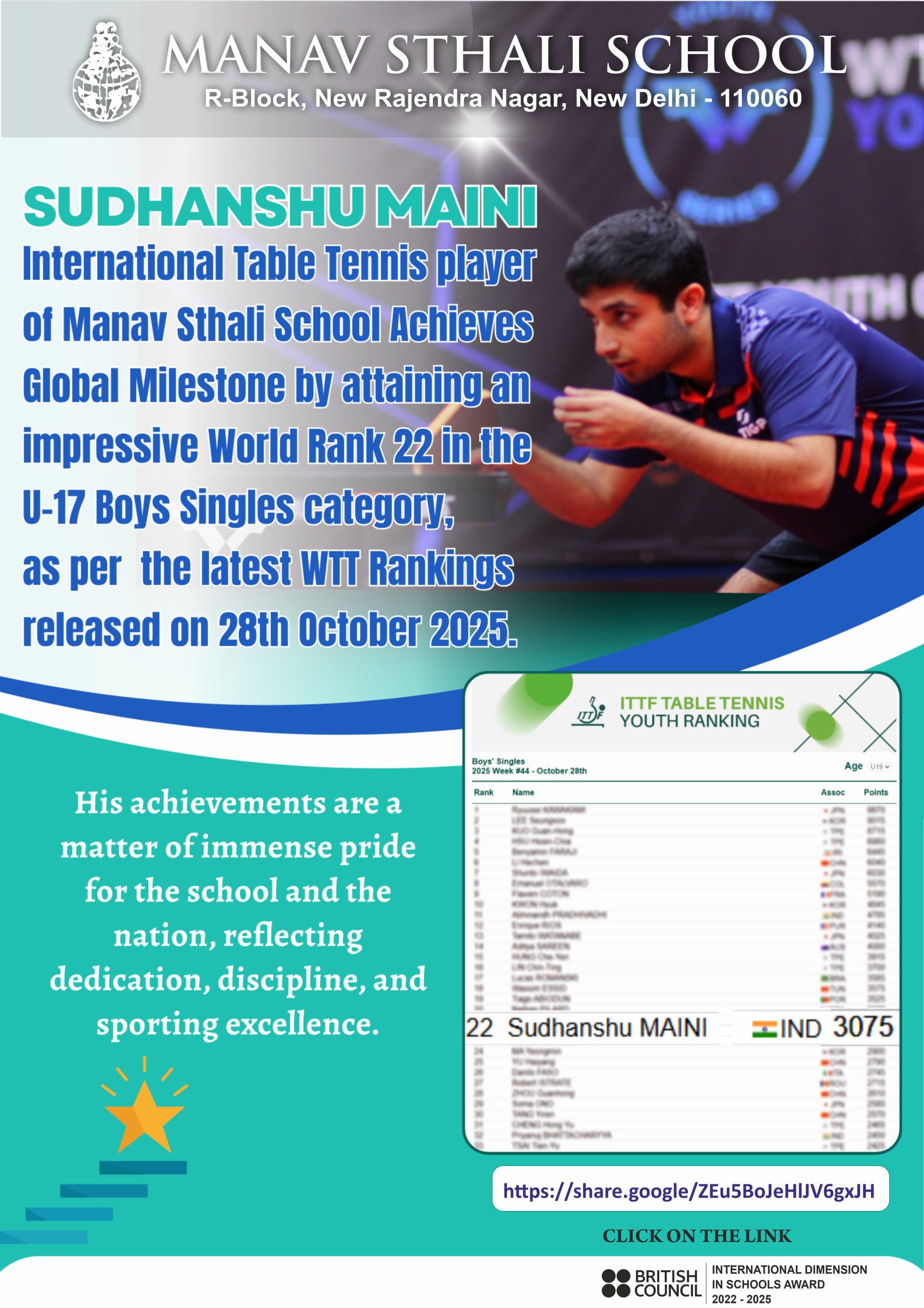 Sudhanshu Maini, Manav Sthali School, International Table Tennis player, WTT Rankings 2025, World Rank 22 U-17 Boys Singles, Global Table Tennis achievement, India table tennis pride, Manav Sthali sports excellence, Young table tennis star, International sports milestone, WTT Youth player India, Table tennis ranking update, Sporting excellence Manav Sthali, Sudhanshu Maini achievements, World Table Tennis 2025, Indian table tennis champion, Rising sports talent India, Global sports recognition, Dedication and discipline in sports, Proud moment Manav Sthali
