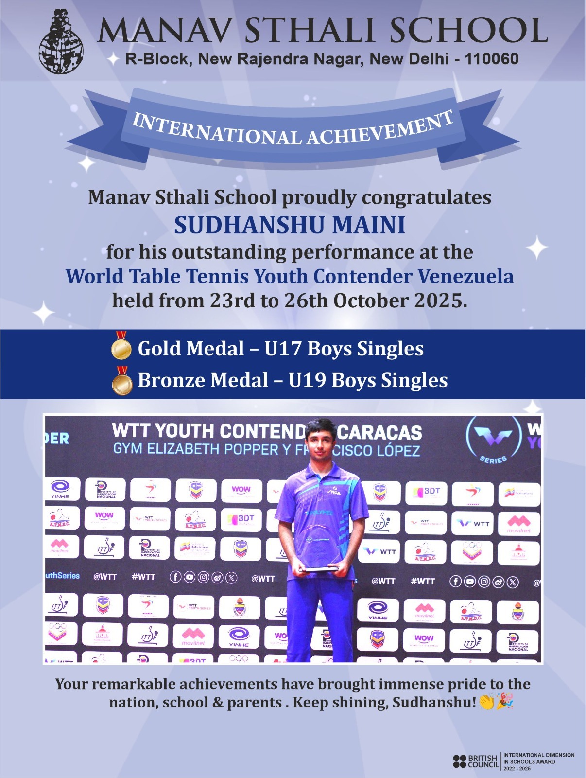 Manav Sthali School, Sudhanshu Maini, WTT Youth Contender Venezuela 2025, World Table Tennis Youth Contender, Table tennis champion, International table tennis winner, U17 Gold Medal, U19 Bronze Medal, India table tennis achievement, Manav Sthali sports achievement, Proud moment Manav Sthali, Student achievement, WTT 2025 Venezuela, Young table tennis star, International sports success, Manav Sthali international victory, Sudhanshu Maini table tennis gold, School sports excellence