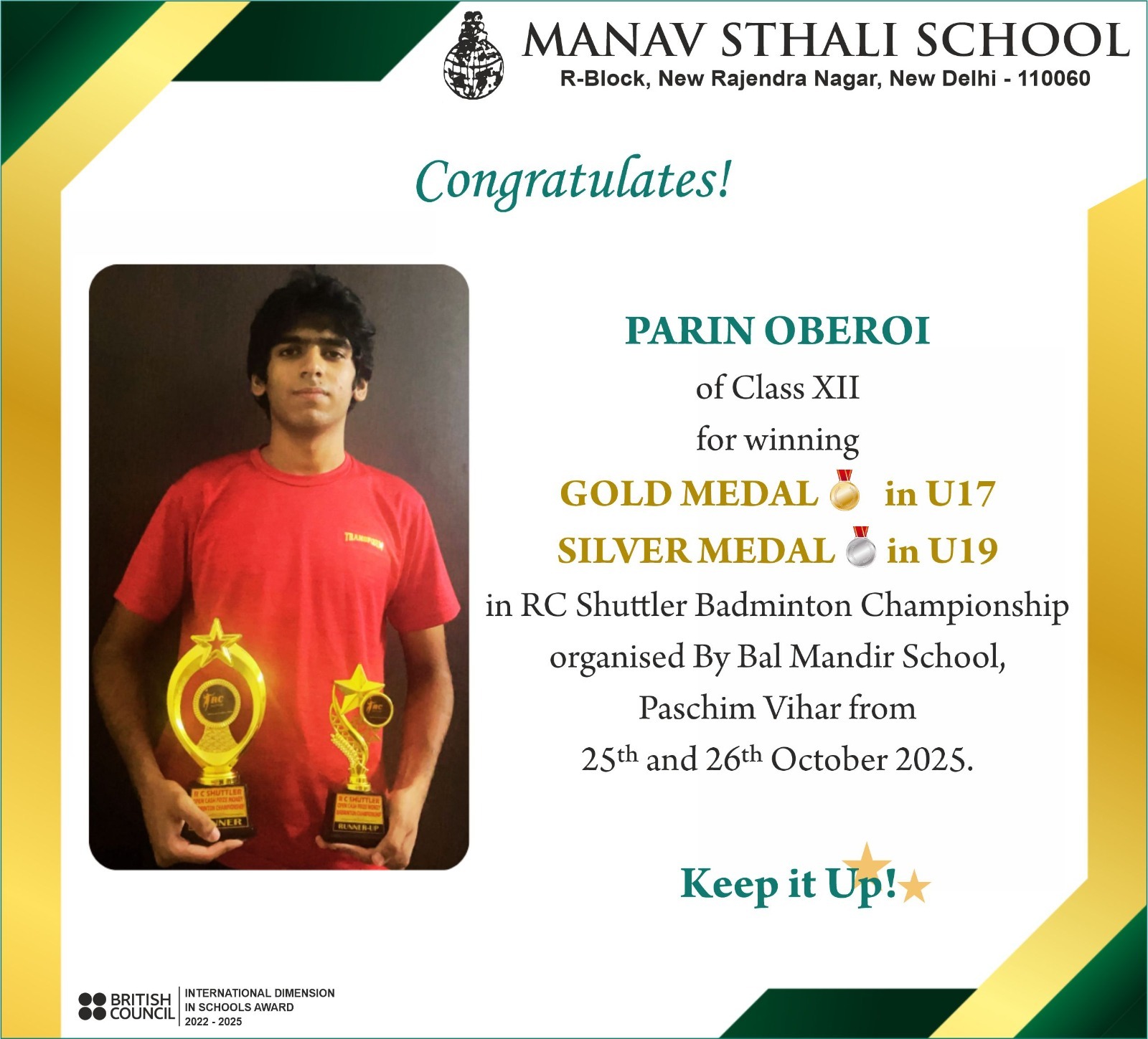 Parin Oberoi – Badminton (RC Shuttler Championship, Delhi), Parin Oberoi Manav Sthali School, RC Shuttler Badminton Championship 2025, U17 Gold Medal winner badminton Delhi, U19 Silver Medal badminton champion 2025, Delhi school badminton achiever, Manav Sthali badminton champion Parin Oberoi, Youth badminton rising star India, Sports excellence Manav Sthali School, New Delhi, Parin Oberoi Paschim Vihar tournament winner, Best School, Proud moment Manav Sthali badminton