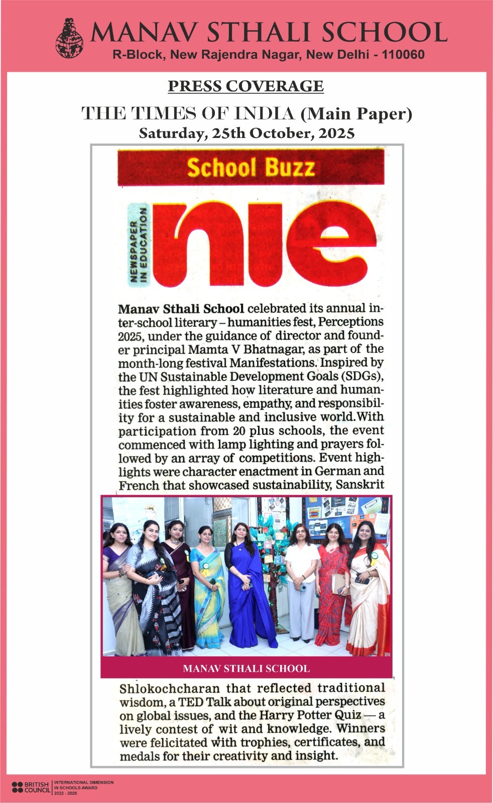 Manav Sthali School, Perceptions 2025, Manifestations 2025, The Times of India NIE, School Buzz, Humanities Fest, Literary Fest, Sustainable Development Goals, SDG-based education, German and French enactment, Sanskrit Shlokochcharan, TED Talk school event, Harry Potter Quiz, Manav Sthali Director & Founder Principal Mamta V. Bhatnagar, Holistic Education, Inter-school competitions, Delhi NCR, New Rajendra Nagar