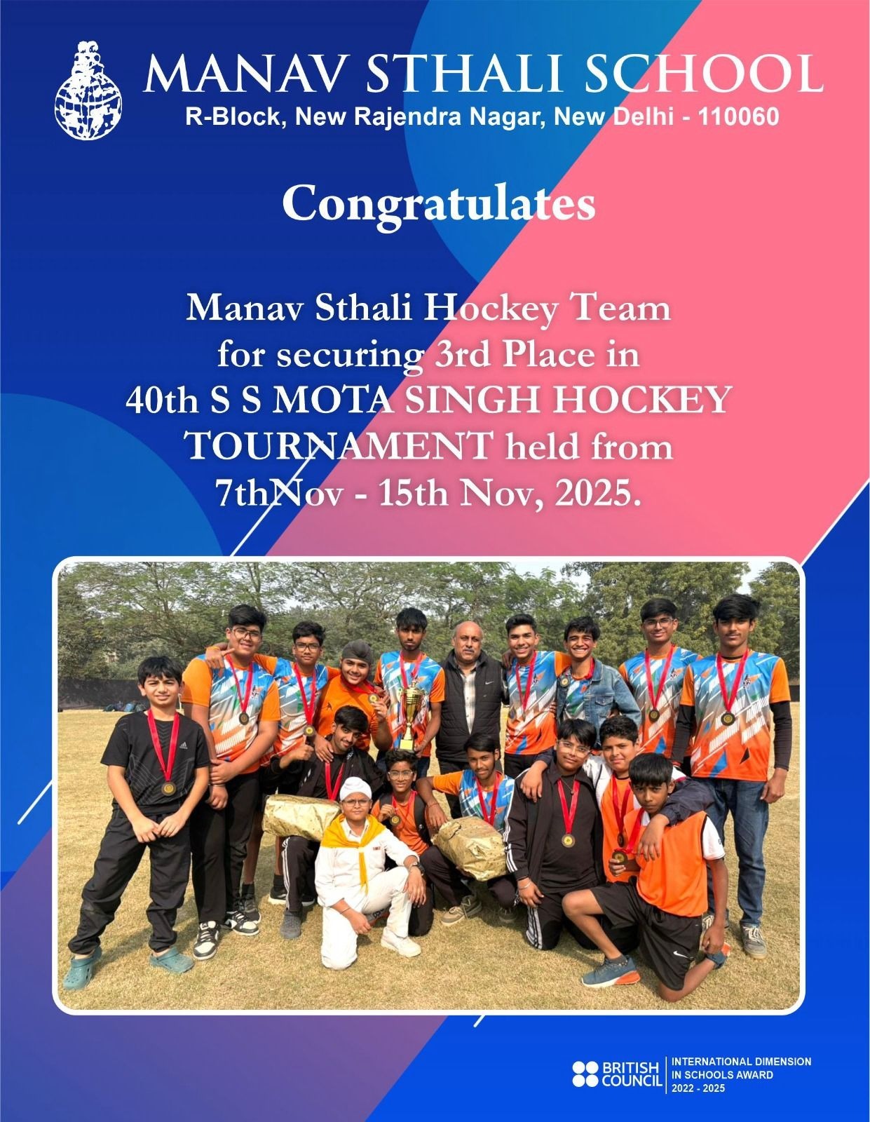 Best School, Delhi School, Manav Sthali School, Best school for sports in Delhi best sports faculty and infrastructure, Manav Sthali School New Rajendra Nagar, best sports faculty and infrastructure, Manav Sthali Hockey Team, Delhi School hockey achievements, Best sports school in Delhi, School hockey tournament winners Delhi, 40th S S Mota Singh Hockey Tournament, Mota Singh Hockey Tournament 2025, Delhi School sports achievements, Manav Sthali School hockey 3rd place, Student sports excellence Delhi, CBSE school sports champions Delhi, Hockey team winners Delhi school, Best CBSE School Delhi sports, Manav Sthali School sports news, Delhi school hockey players, School team achievements Delhi