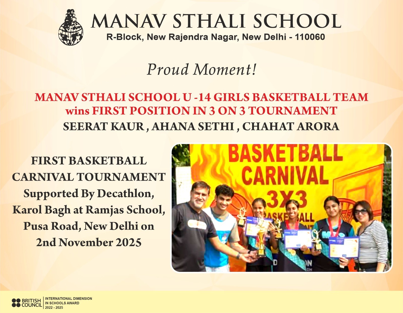 Best School, Delhi School, Manav Sthali School sports achievements, Manav Sthali School U14 Girls Basketball, U14 Girls Basketball First Position Delhi, 3 on 3 Basketball Carnival Champions, First Basketball Carnival Tournament winners, School girls basketball Delhi winners, Decathlon Karol Bagh supported basketball event, Youth girls basketball champions 2025 Delhi, Inter-school basketball tournament winners, Manav Sthali girls sports excellence, U14 girls basketball stars India, Delhi school basketball championship 2025, Grassroot basketball girls India, Rising basketball talent Manav Sthali, Manav Sthali Seerat Kaur basketball player, Ahana Sethi basketball player Manav Sthali, Chahat Arora basketball player Manav Sthali