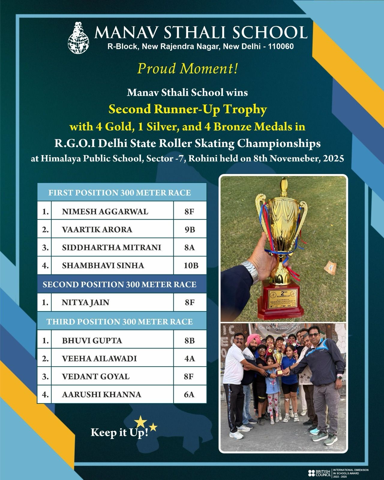 Manav Sthali School, Best School Delhi School, Top School in New Delhi, Manav Sthali Roller Skating Team, Delhi School Sports Achievements, RGOI Delhi State Roller Skating Championships, Manav Sthali wins Second Runner-Up Trophy, Delhi Inter-School Skating Competition, Manav Sthali Students Win Gold, Best Sports School Delhi, Himalaya Public School Rohini Event, Student Achievements Manav Sthali, Proud Moment Manav Sthali, Manav Sthali New Rajendra Nagar