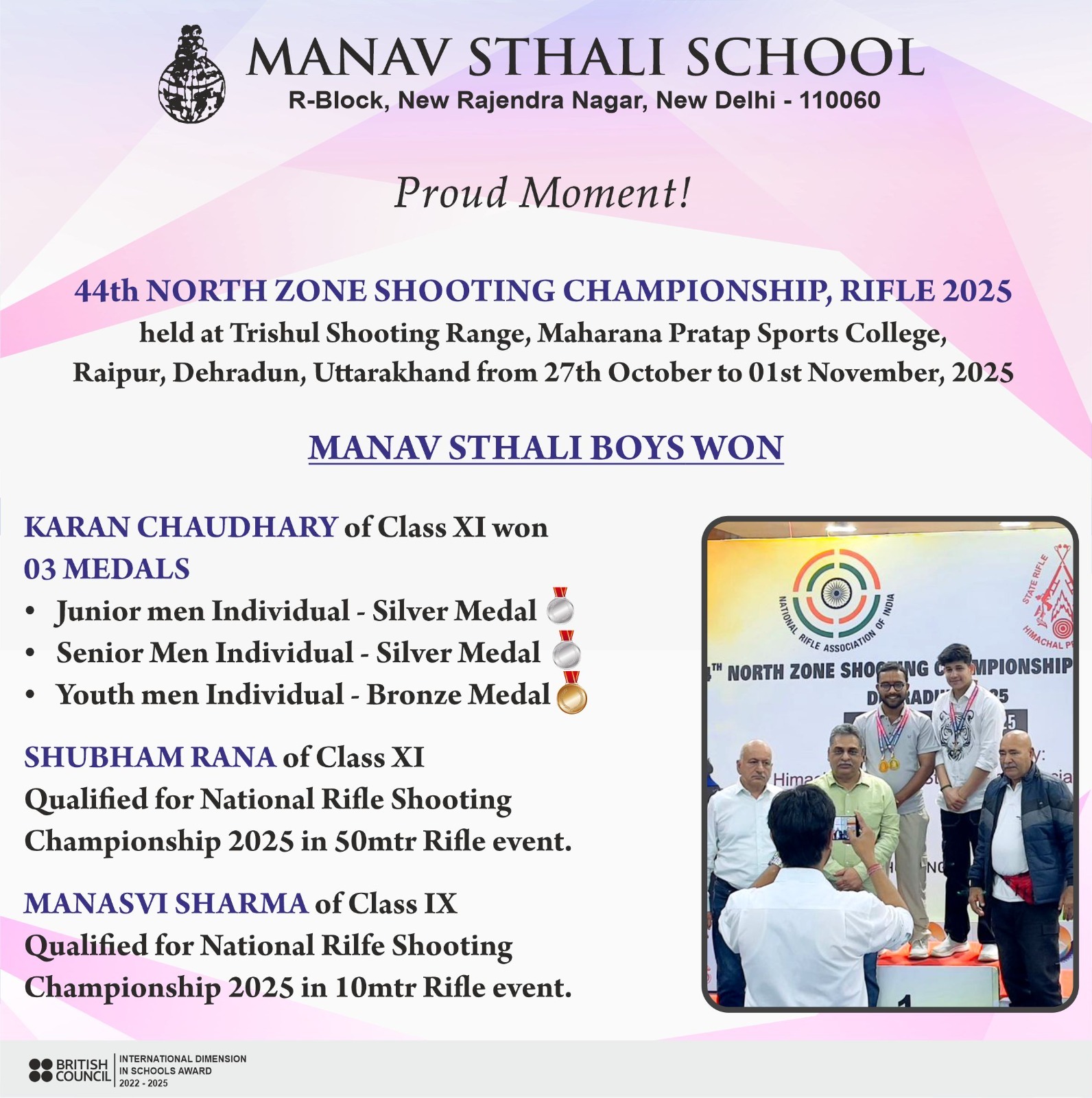 Best School, Delhi School, Trishul Shooting Range Dehradun shooting event, 44th North Zone Shooting Championship 2025, Maharana Pratap Sports College Raipur Dehradun, Manav Sthali School shooting achievements, Karan Chaudhary rifle shooting medals, Youth Men Rifle Shooting Bronze, Junior Men Rifle Shooting Silver, Senior Men Rifle Shooting Silver, Shubham Rana rifle shooting qualification, 50m Rifle National Shooting Championship qualifier, Manasvi Sharma 10m Rifle qualifier, India youth rifle shooting talent, School shooting sports achievement India, North Zone Rifle Championship medal winners, Rising rifle shooters Manav Sthali School, CBSE school shooting champions Delhi, 10m & 50m rifle event qualifiers India, Shooting championship Uttarakhand 2025 winners