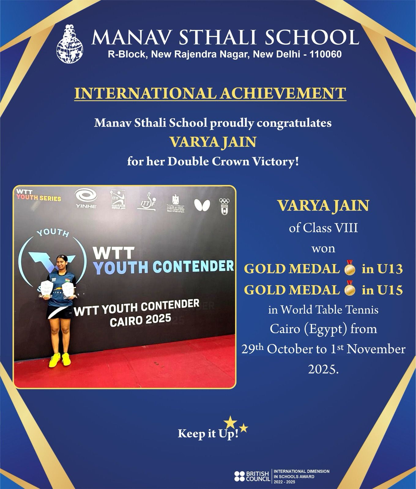 Best School, Delhi School, Manav Sthali School sports achievement, U15 Table Tennis Champion Egypt, International Table Tennis gold medalist India, Varya Jain WTT Cairo U13 & U15 winner, Young Indian Table Tennis star Varya Jain, Double gold medal WTT Cairo, Varya Jain Class 8 Manav Sthali, U15 WTT Cairo Egypt table tennis champion, Indian youth table tennis rising star, WTT Cairo 2025 champion India, Girls table tennis double crown winner Varya Jain Table Tennis Double Crown, Varya Jain WTT Cairo 2025 Gold