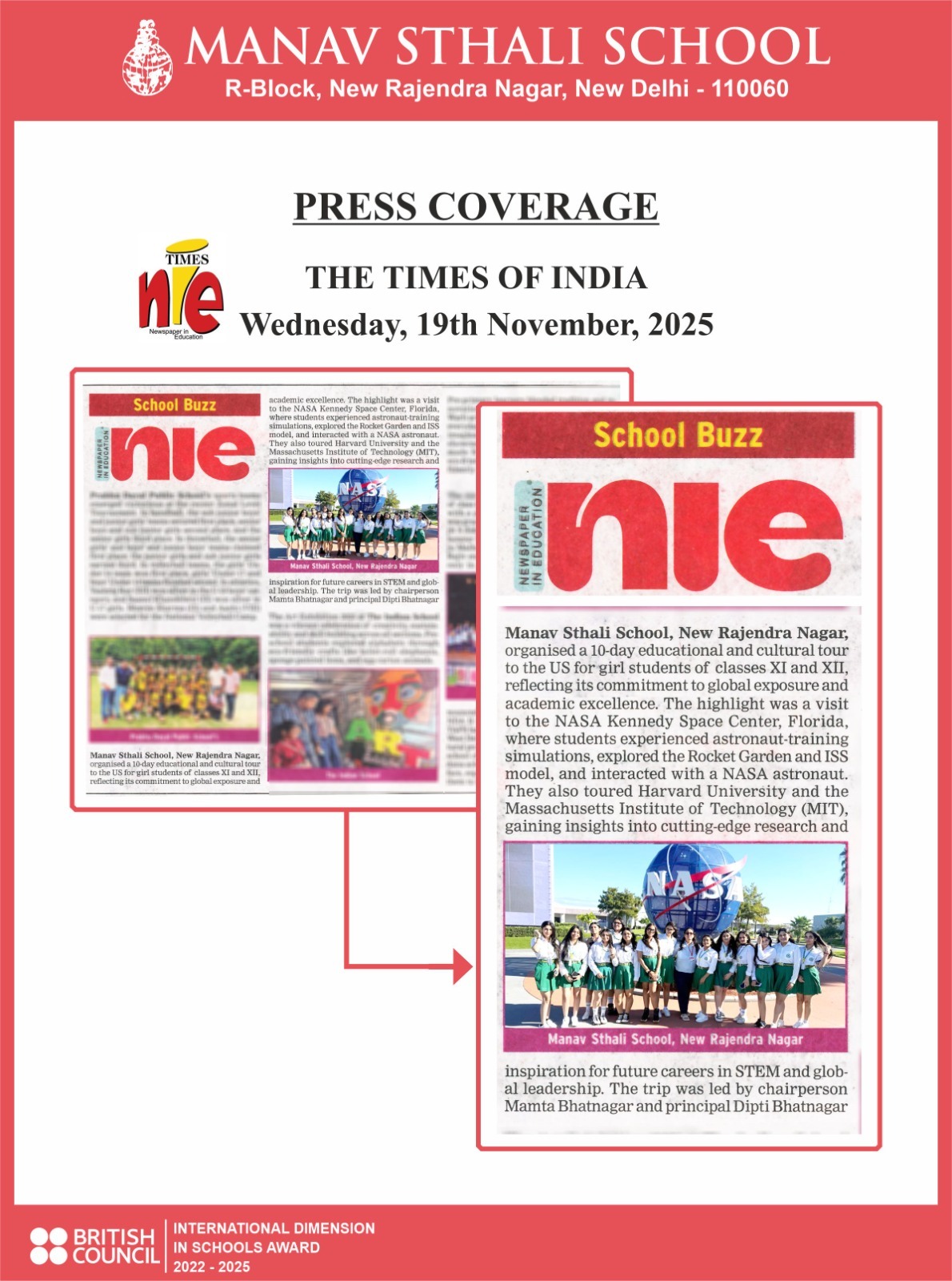 Best School in Delhi, Best School Delhi, Top School in Delhi, Delhi School News, Manav Sthali School Delhi, Manav Sthali School Press Coverage, NASA Education Tour Delhi School, USA trip, International Exposure School Delhi, Best CBSE School in Delhi, Delhi School Educational Tour, School with Global Exposure Delhi, STEM Education School Delhi, Times NIE School Coverage, Delhi School Newspaper Feature, Best Girls Education Delhi School