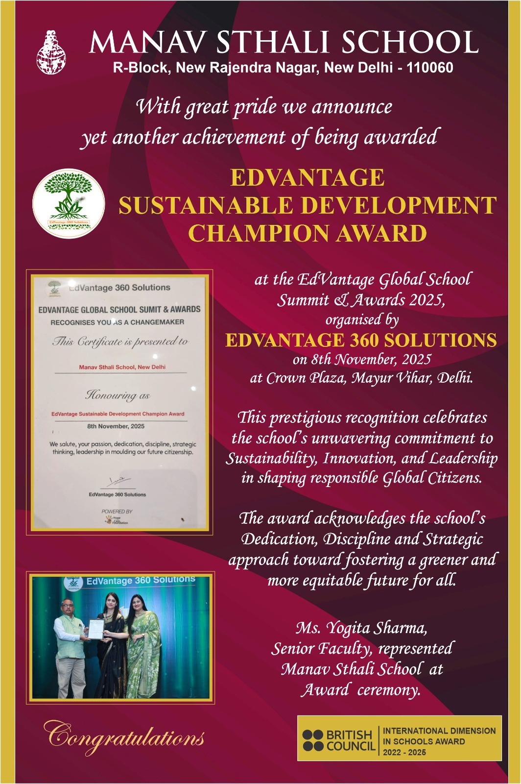 Best school, Delhi School, Manav Sthali School New Rajendra Nagar, Award-winning school in Delhi, Sustainable development education Delhi, EdVantage Sustainable Development Champion Award 2025, Schools promoting sustainability in Delhi, Global citizenship education Delhi, Innovative schools in Delhi, Manav Sthali achievements 2025, Best CBSE school Delhi, Schools with British Council Award Delhi, Top schools in Delhi for holistic education, EdVantage Global School Summit Awards 2025 winners, Environment-friendly schools Delhi, Leading schools in New Rajendra Nagar Delhi