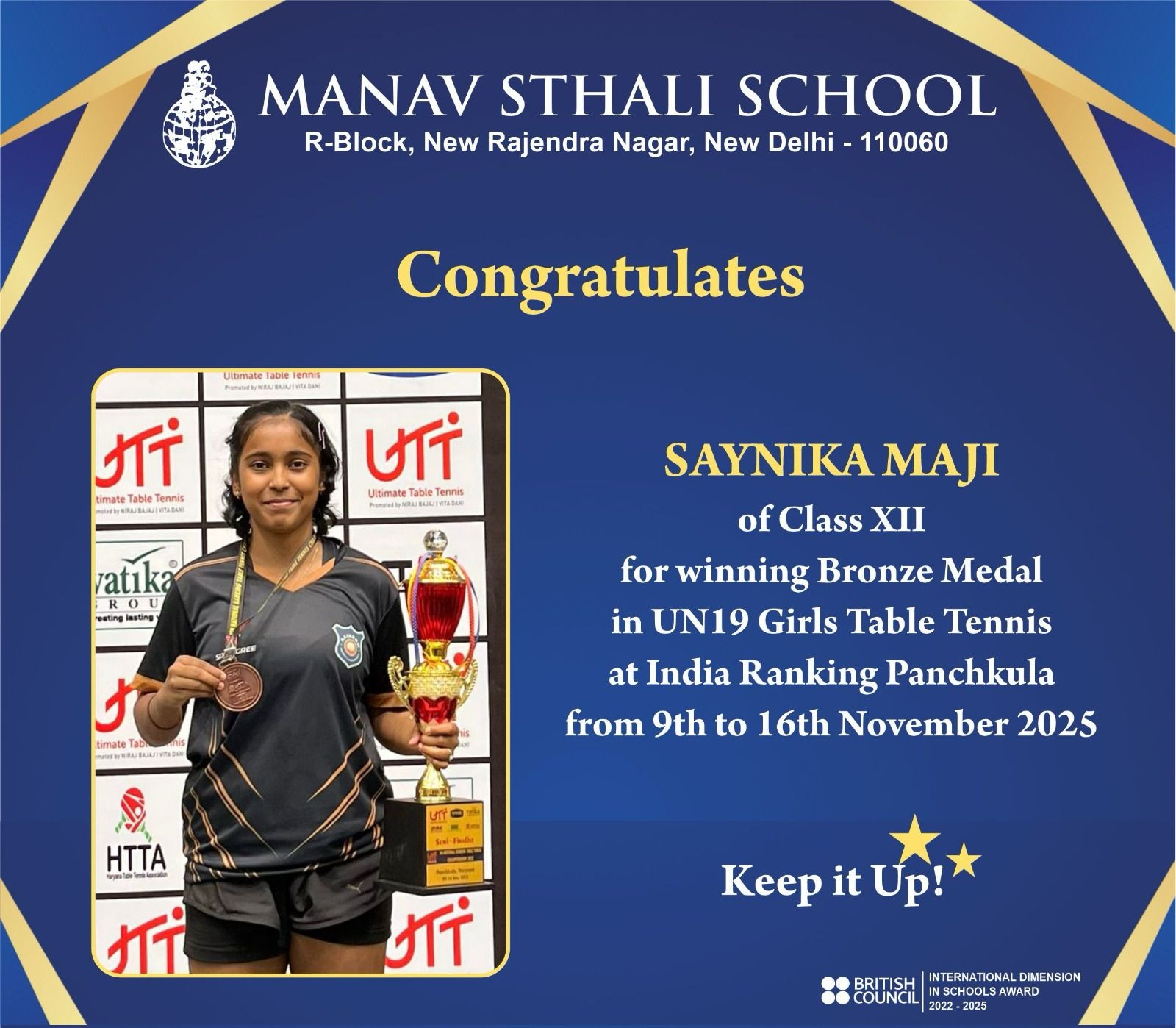 Best School, Delhi School, Manav Sthali School, Manav Sthali School New Rajendra Nagar, Best CBSE School in Delhi, Delhi School achievements, Student achievement Manav Sthali School, Table Tennis Champion Manav Sthali, Saynika Maji Table Tennis, UN19 Girls Table Tennis Bronze Medal, India Ranking Panchkula Table Tennis, School sports achievements Delhi, Best sports school in Delhi, Delhi School table tennis player, Student sports excellence Delhi, Manav Sthali School achievements, Top schools Delhi sports