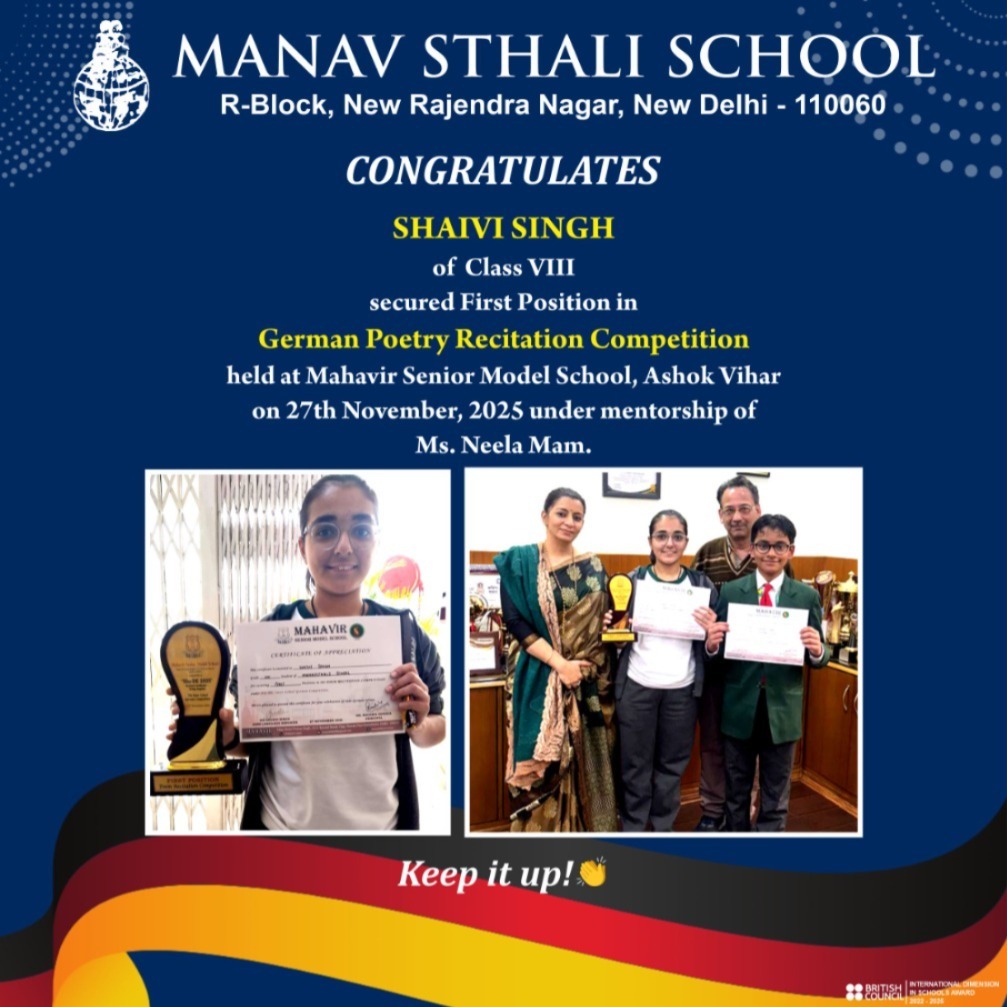 best school, best school in Delhi, Delhi school, Manav Sthali School, Manav Sthali School achievements, German Poetry Recitation Competition, Delhi school language competition, Shaivi Singh Class VIII MSS, Mahavir Senior Model School Ashok Vihar event, Delhi school academic achievements, best school for language learning Delhi, student winners German poetry Delhi, Manav Sthali School German competition, Delhi school cultural excellence, best school co-curricular achievements Delhi