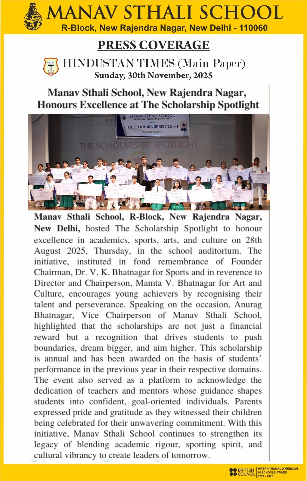 Best School in Delhi, Anurag Bhatnagar, Vice Chairperson Manav Sthali School, ra enclave ,  Paschim Vihar, Best School Delhi Academic Excellence, Delhi School Scholarship Awards, Delhi School Sports Achievements, Best School Delhi Cultural Activities, Delhi School Recognising Talent, Best School Delhi Student Achievements, Delhi School Award Ceremony, Best School in Delhi for Academics and Sports, Delhi School Honours Excellence, Best School Delhi Scholarship Spotlight, Delhi School Celebrating Young Achievers, Best School Delhi Holistic Development, Delhi School with Strong Academic Record, Best School Delhi Overall Excellence