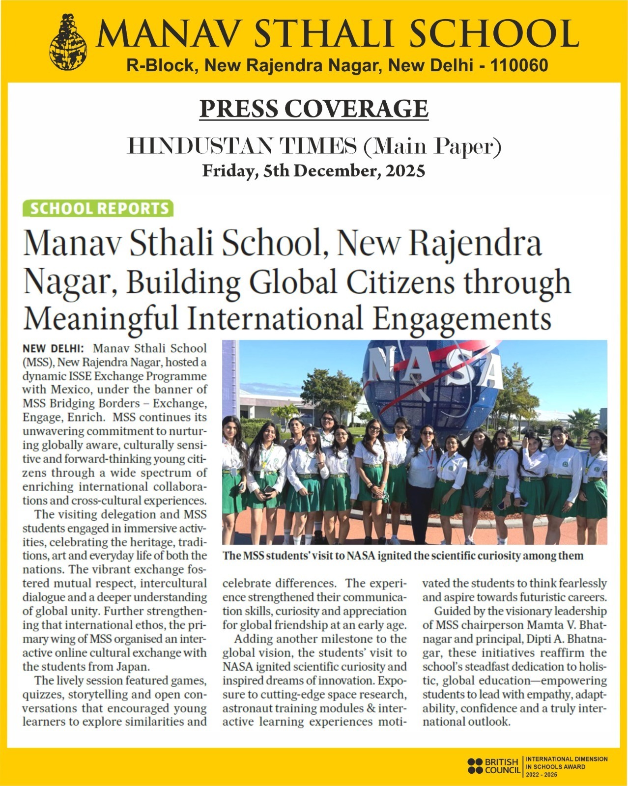 Manav Sthali School, Delhi best school, best school in Delhi, Delhi school international exchange program, best Delhi school global exposure, Manav Sthali School Delhi ISSE exchange programme, Delhi school Hindustan Times coverage, best school Delhi international collaborations, Manav Sthali School New Rajendra Nagar best school, Delhi school NASA visit students, best school Delhi student exchange Mexico, Delhi school global citizenship programme, best Delhi school cultural exchange news, Manav Sthali School Delhi international learning, Delhi school Japan cultural exchange, best school Delhi international dimension award, Manav Sthali School British Council award Delhi, Delhi school meaningful global engagements, best school Delhi innovative learning programmes, Manav Sthali School Delhi NASA trip, Delhi school international opportunities for students