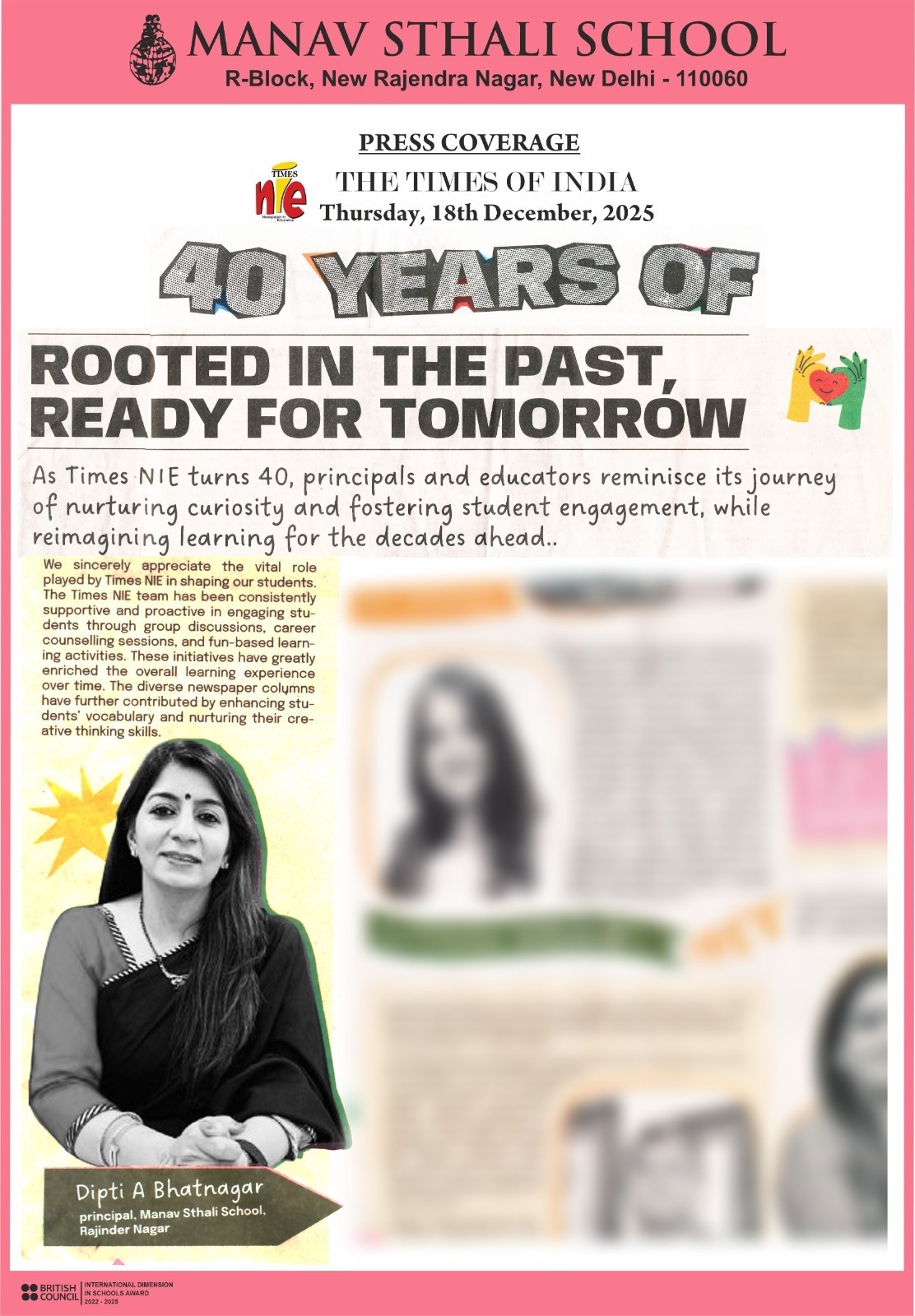 Manav Sthali School Rajinder Nagar, Delhi School, Manav Sthali School press coverage, Best School of Delhi, Manav Sthali School Times of India, Times NIE Manav Sthali School, Best school in Rajinder Nagar Delhi, Best school in Central Delhi, Times NIE 40 years celebration, NIE 40 years press coverage, Rooted in the past ready for tomorrow school, Times of India NIE school feature, School featured in Times of India, School education news Delhi, Dipti A Bhatnagar Principal, Principal Manav Sthali School, School principal interview Times NIE, Education leader Delhi school, Top CBSE school in Delhi, Reputed CBSE school Rajinder Nagar, Best CBSE school near Karol Bagh, Leading private school Delhi, Quality education in Delhi schools