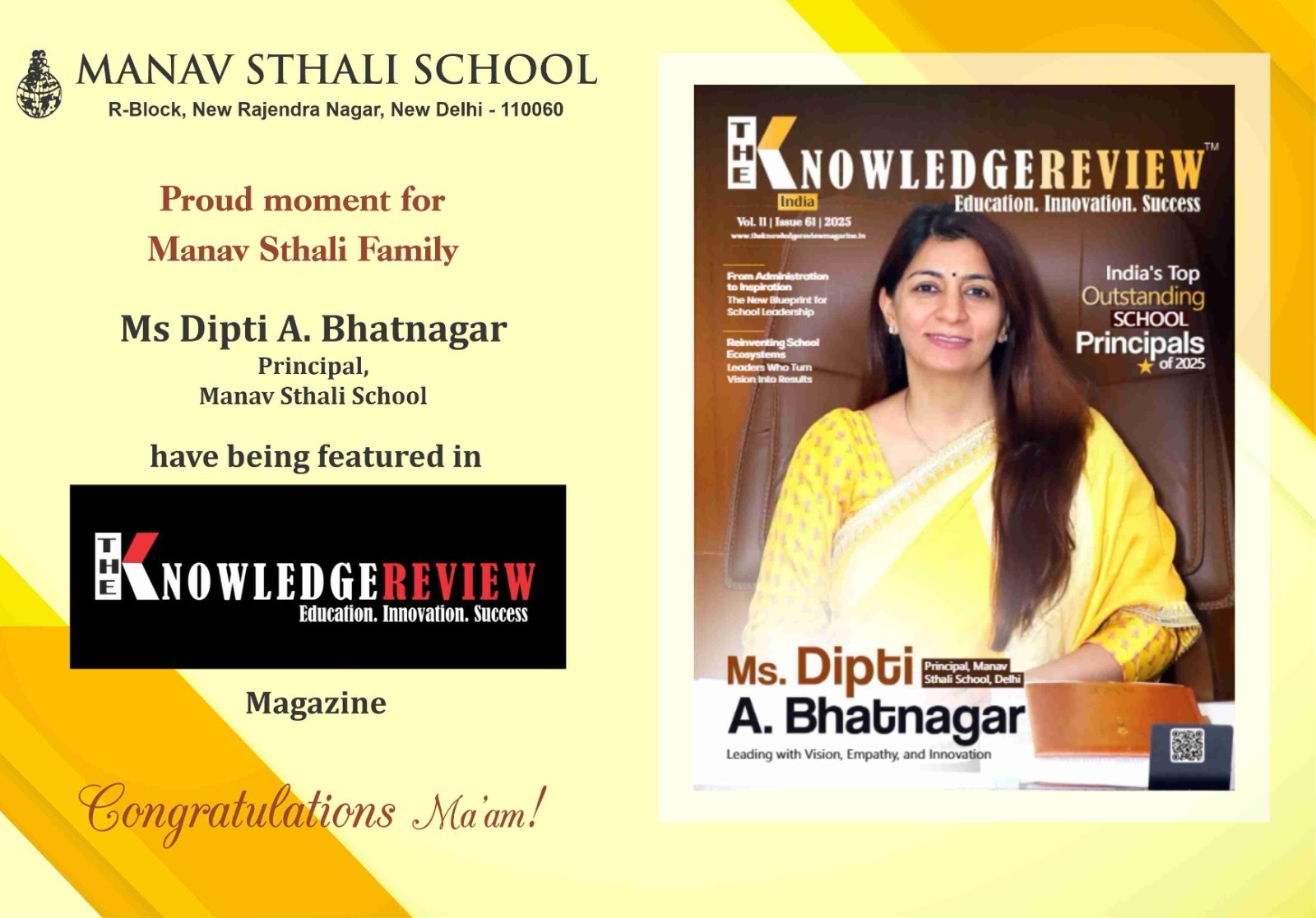 Manav Sthali School, Manav Sthali School Delhi, Best school in New Delhi, Top school in Rajendra Nagar Delhi, CBSE school in Delhi, Ms Dipti A. Bhatnagar, Principal Manav Sthali School, Outstanding School Principal 2025, Women education leader in Delhi, School leadership excellence India, The Knowledge Review Magazine, Featured in The Knowledge Review, Education magazine India, School featured in education magazine, India’s top outstanding school principals, Award-winning school in Delhi, Best CBSE school leadership, Innovative school education India, Holistic education Delhi school, Reputed schools in Central Delhi, School in New Rajendra Nagar, Best school near Karol Bagh, Top schools near Rajendra Nagar Delhi, Delhi school principal featured in magazine