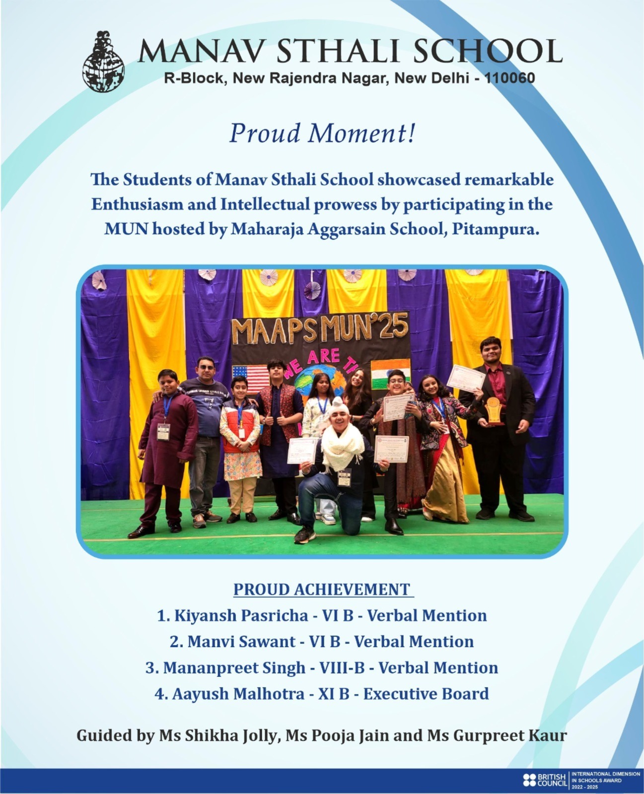 Manav Sthali School, Manav Sthali School New Delhi, Best school in Delhi, Top school in Delhi, Best CBSE school in Delhi, CBSE schools in New Delhi, Schools in Rajendra Nagar Delhi, Manav Sthali School achievements, Manav Sthali students achievements, School MUN participation Delhi, Model United Nations school Delhi, MUN competition Delhi NCR, Maharaja Aggarsain School MUN, MAAPS MUN 2025, Inter school MUN competition, Student leadership programs Delhi schools, Debate and MUN training in schools, Co-curricular activities in Delhi schools, Holistic education schools in Delhi, British Council International Dimension School, Award winning schools in Delhi