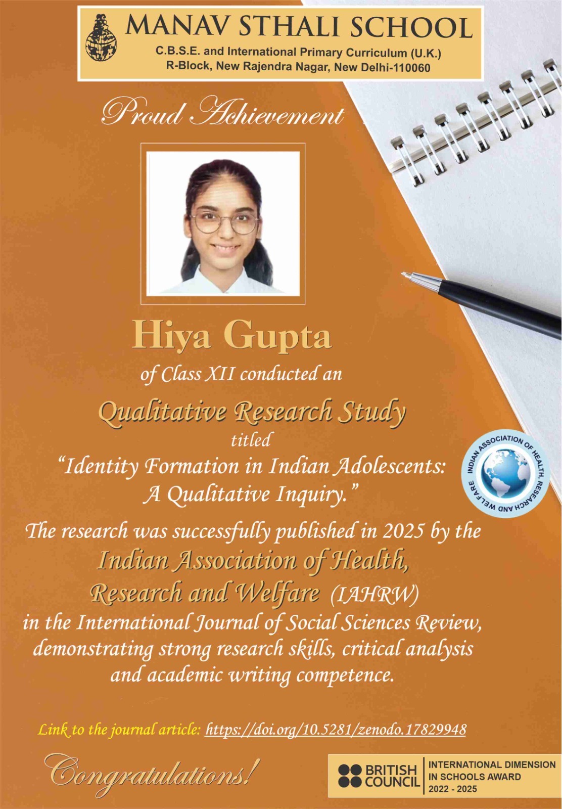 Best School of Delhi, New Delhi school admissions, Manav Sthali School achievement, Student research publication, Class XII research project, School student published research, Qualitative research by school student, Hiya Gupta, Qualitative Research Study, Identity Formation in Indian Adolescents, Adolescent psychology research, Social science research paper, Student research publication India, Academic research by school students, Indian Association of Health Research and Welfare, IAHWR publication, International Journal of Social Sciences Review, Research paper published 2025, DOI research article, Zenodo research publication, Proud achievement school student, School academic excellence, Student scholarly achievement, Research excellence in schools, CBSE student research, Manav Sthali School New Delhi, CBSE school achievements Delhi, International Curriculum school Delhi, British Council International Dimension in Schools, Best CBSE schools in Delhi