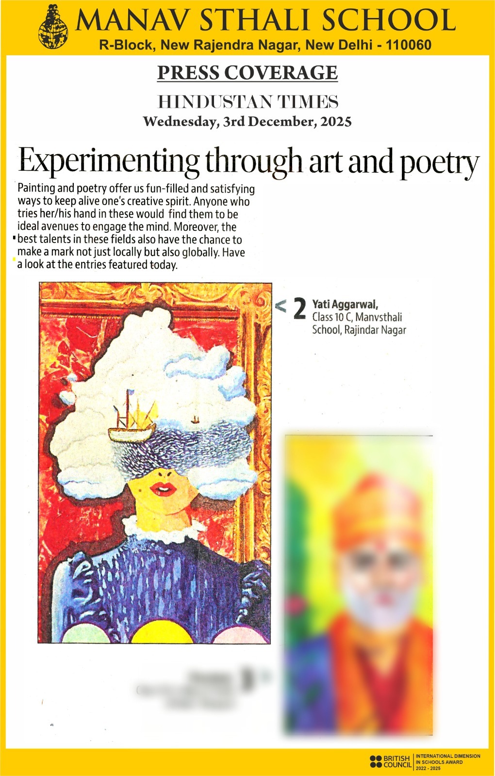 painting in Hindustan Times Yati Aggarwal, Delhi School Best School in Delhi, Hindustan Times art coverage Manav Sthali School, Manav Sthali School painting news Class 10, Yati Aggarwal painting HT press coverage, Hindustan Times student artwork Delhi school, Manav Sthali School art competition feature, HT newspaper student painting Rajinder Nagar, Class 10 painting news Hindustan Times, creative art feature HT Manav Sthali School, student painting highlighted in Hindustan Times