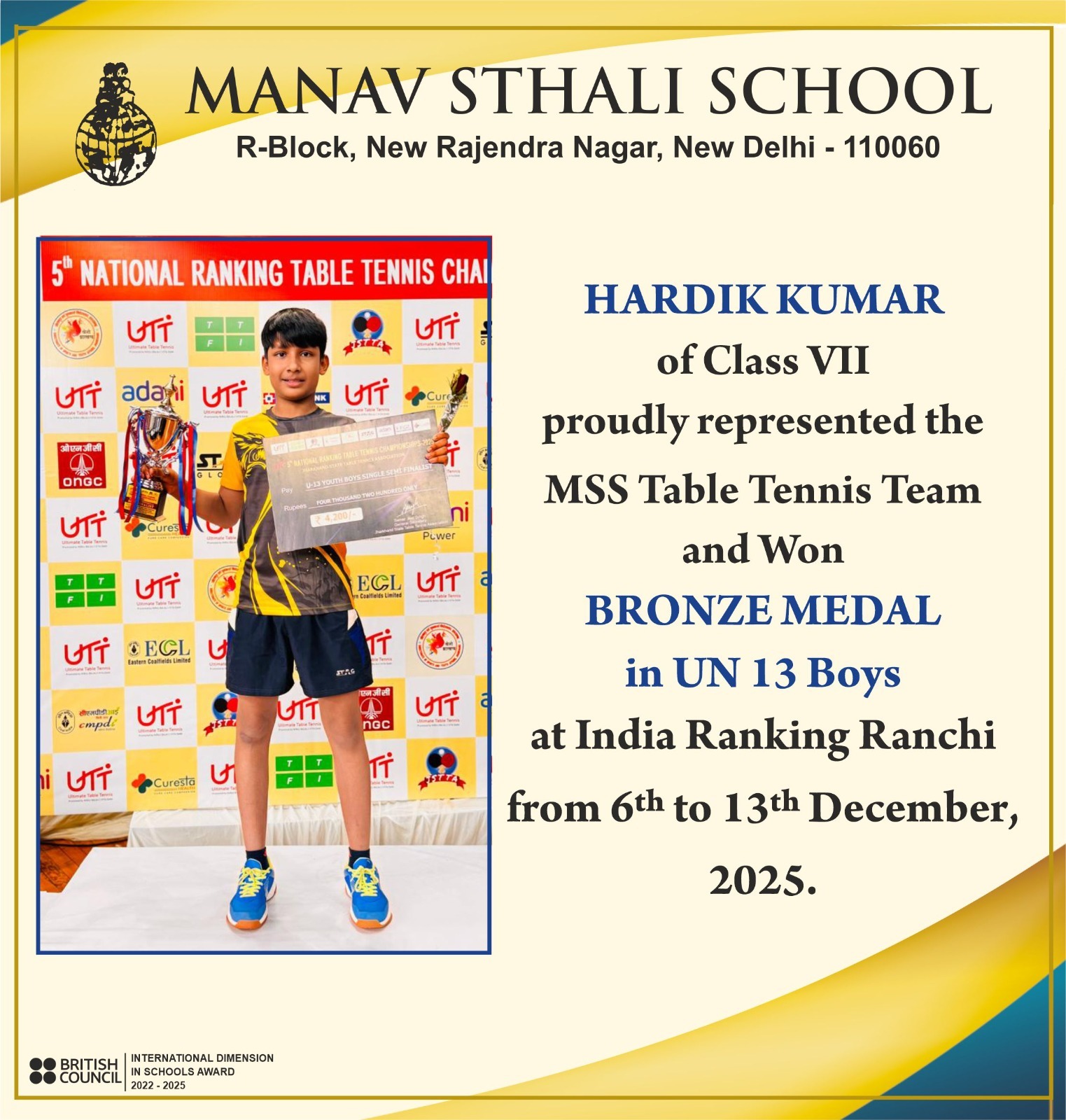 best school in delhi, Delhi School, delhi school achievements, manav sthali school sports achievements, MSS table tennis champion, Hardik Kumar table tennis Manav Sthali School, under 13 boys table tennis winner, national ranking table tennis ranchi, bronze medal table tennis india, best school for sports delhi, delhi school table tennis team, top performing students in delhi schools, student sports achievements delhi, MSS table tennis bronze medal, national sports achievers delhi school