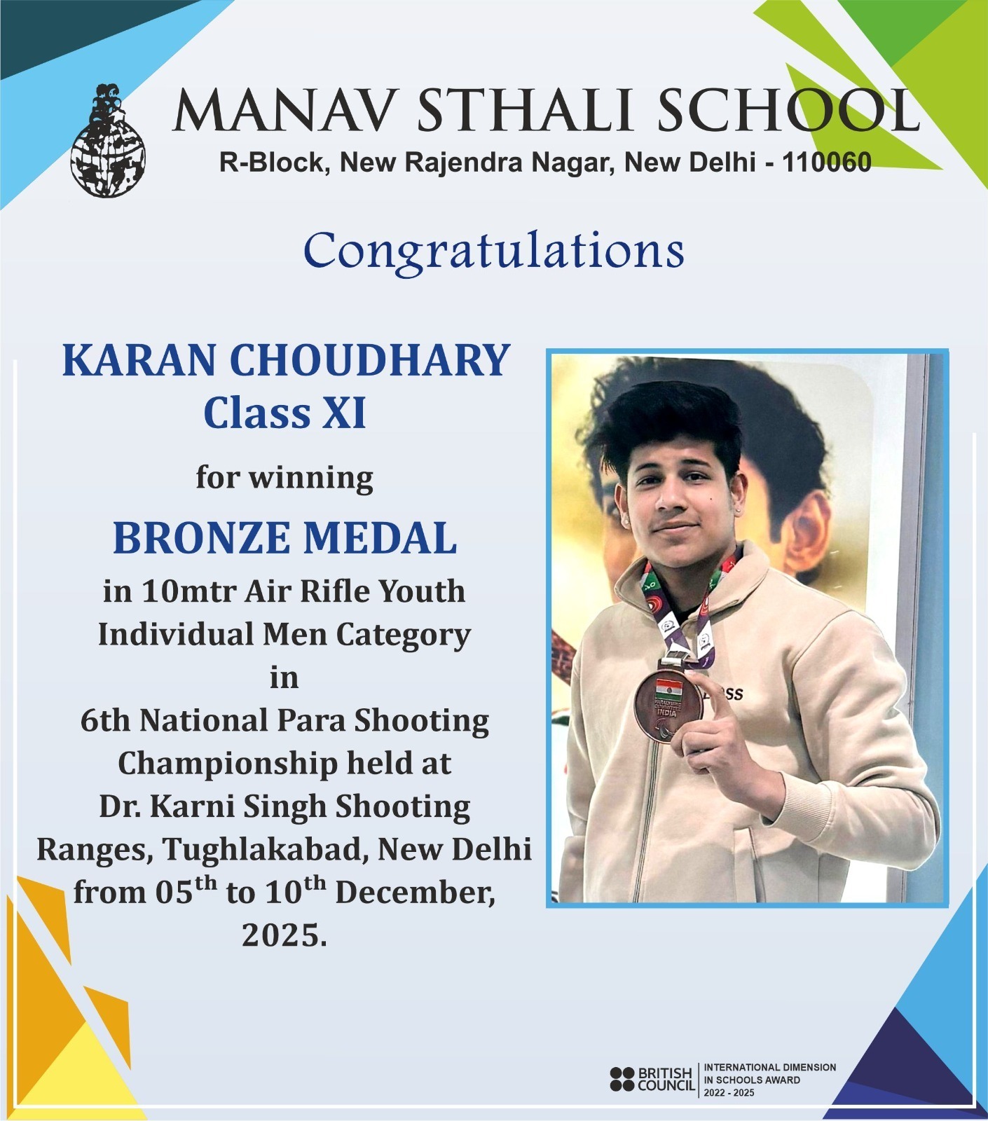 best school in delhi, delhi school, delhi school achievements, manav sthali school, manav sthali school shooting achievement, karan choudhary air rifle, 10m air rifle youth men category winner, national para shooting championship 2025, dr karni singh shooting range competition, bronze medal air rifle shooting, delhi school sports excellence, best school for sports in delhi, mss student achievement, shooting championship new delhi, youth air rifle shooter india, delhi school national level winners, student sports medals manav sthali school