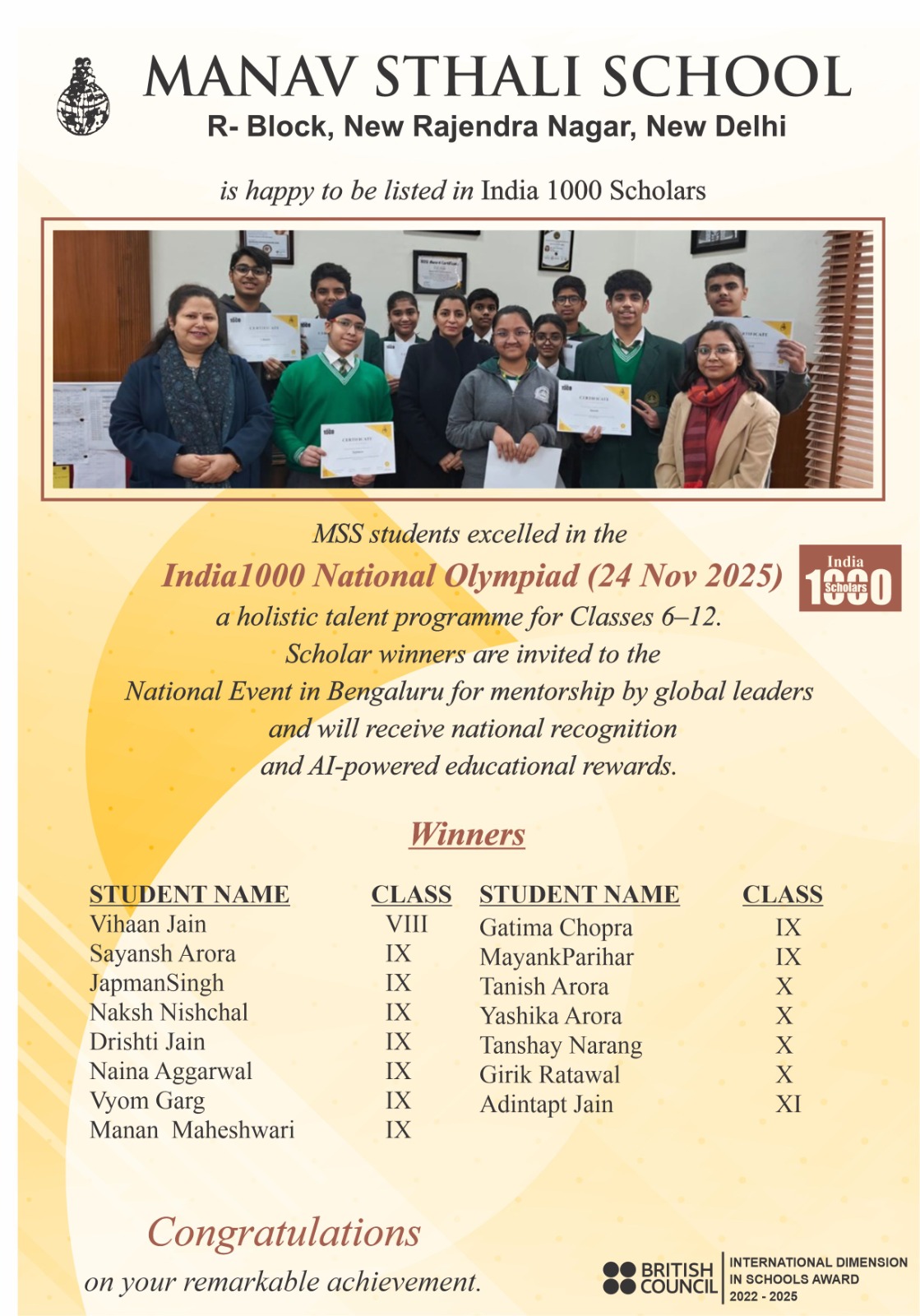 Manav Sthali School, Best School in Delhi, Manav Sthali School New Delhi, New Delhi school admissions, MSS achievers, India 1000 National Olympiad, India 1000 Scholars, National Olympiad winners, Student achievements MSS, MSS academic excellence, Olympiad winners New Delhi, India 1000 Bengaluru event, AI-powered education rewards, MSS Class 6–12 Olympiad, MSS student recognition, School student Olympiad results, National talent programme India1000, MSS scholars 2025, Manav Sthali award winners, MSS students selected India 1000, Manav Sthali School students selected in India 1000 National Olympiad, MSS students excel in India 1000 Scholars programme, National Olympiad results 2025 Manav Sthali School, Academic achievers from Manav Sthali New Delhi, Holistic education talent programme India 1000