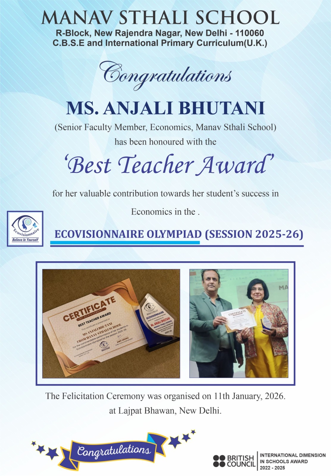 Manav Sthali School Rajinder Nagar, Best School in Delhi, Anjali Bhutani Best Teacher Award, New Delhi school admissions, Manav Sthali School awards 2026, Best Teacher Award Economics, Ecovisionnaire Olympiad 2025-26, Manav Sthali School faculty achievements, Teacher award Delhi 2026, Senior Faculty Economics Manav Sthali School, Ecovisionnaire Olympiad award winners, School teacher excellence awards, Education awards Delhi, Academic excellence in Economics, Manav Sthali School recognitions, Outstanding teacher award ceremony, Ms. Anjali Bhutani honoured with Best Teacher Award, Manav Sthali School teacher awarded for Economics excellence, Ecovisionnaire Olympiad teacher award 2026, Felicitation ceremony at Lajpat Bhawan New Delhi, Contribution to students' academic success in Economics
