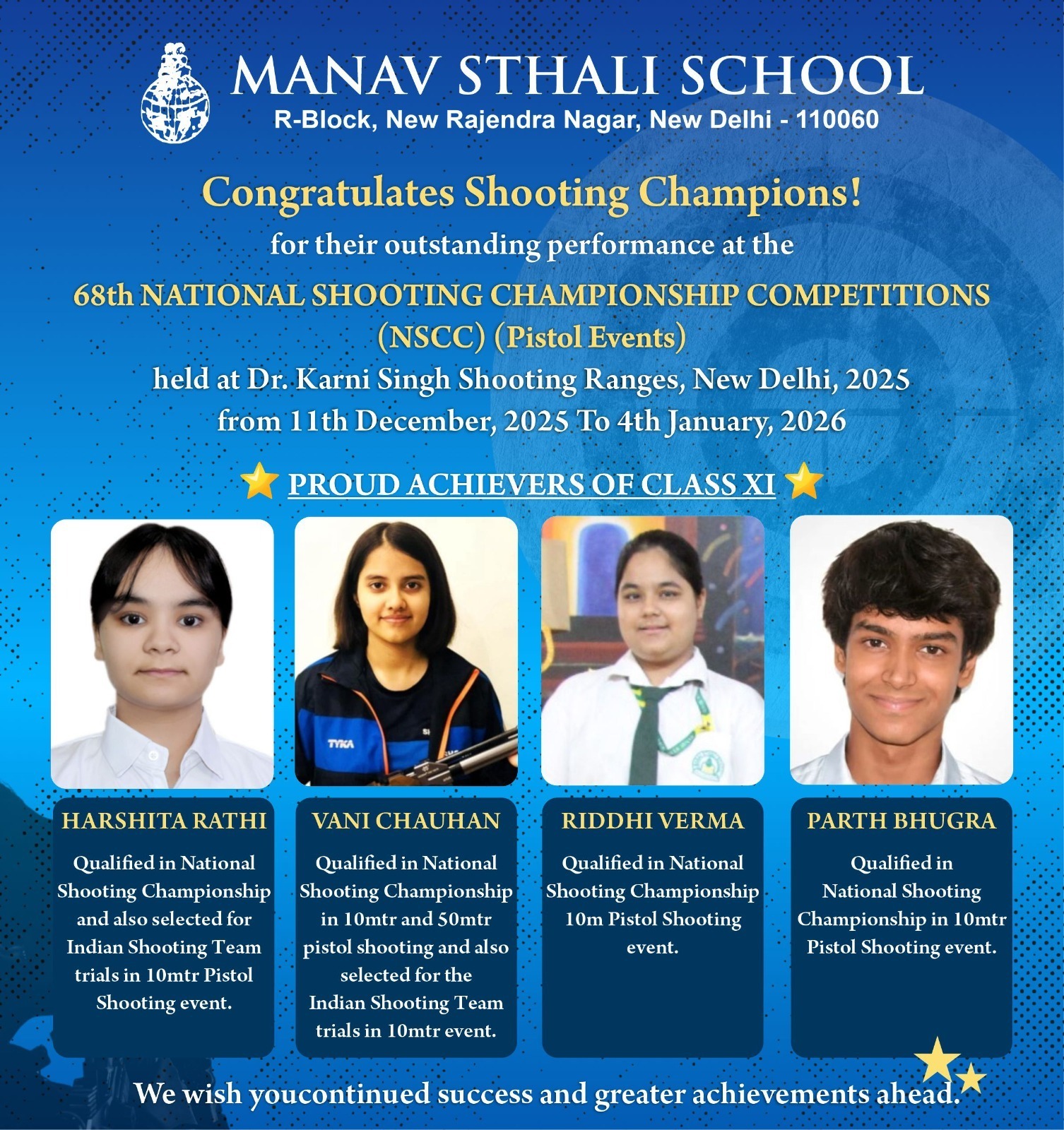 Manav Sthali School shooting champions, Best School in Delhi, National Shooting Championship 2025, New Delhi School Admissions, 68th National Shooting Championship Competition, NSCC Pistol Events 2025, Harshita Rathi, School shooting achievers Delhi, Vani Chauhan, Class XI shooting champions, Ridhi Verma, Student pistol shooting achievements, Parth Bhugra, School level national shooting winners, Young shooting champions India, School sports achievers 2025, Dr Karni Singh Shooting Range New Delhi, National shooting competition Delhi, 10m pistol shooting championship, 50m pistol shooting competition, Indian school shooting competition, Selected for Indian Shooting Team trials, Qualified for National Shooting Championship, CBSE school sports achievements, Delhi school shooting sports, Excellence in shooting sports