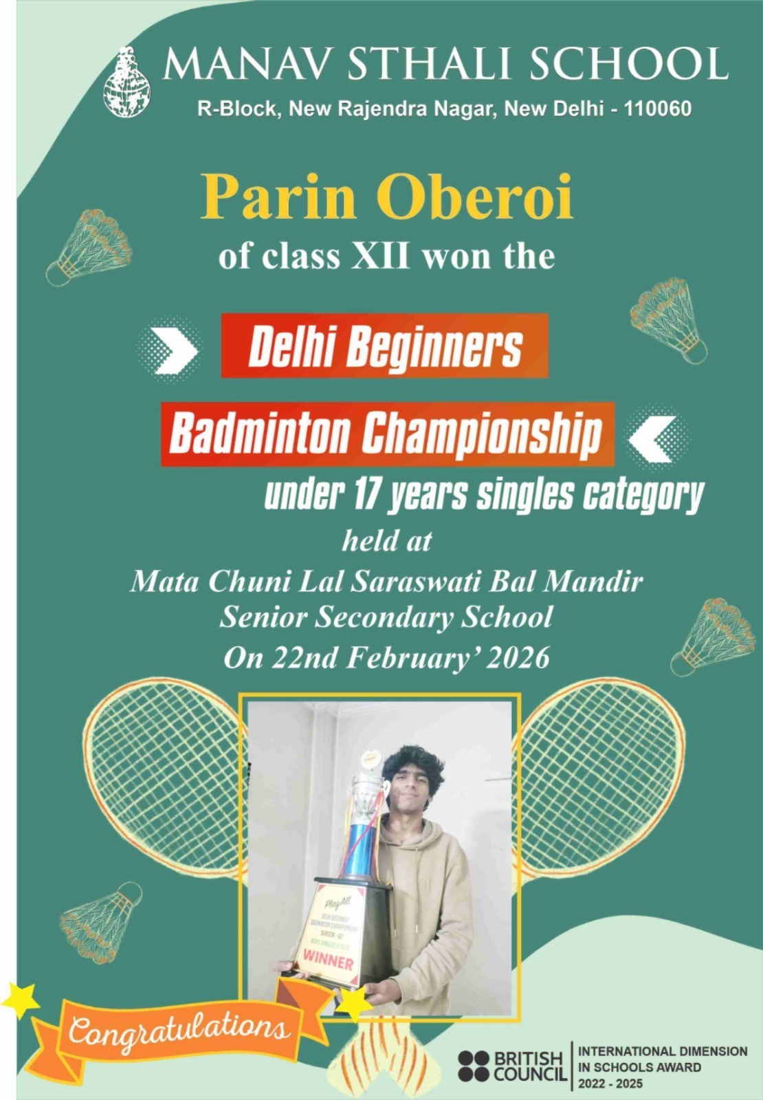 Manav Sthali School, Best School of Delhi, Parin Oberoi, New Admissions Delhi Schools, Delhi Beginners Badminton Championship 2026, Under 17 Badminton Singles Winner, Class XII Student Achievement, School Sports Achievement Delhi, Badminton Championship Delhi, U17 Badminton Tournament 2026, Delhi School Sports Competition, Inter School Badminton Championship, Mata Chuni Lal Saraswati Bal Mandir Tournament, 22 February 2026 Sports Event, School Sports Winner, Young Badminton Champion Delhi, Student Sports Award 2026, CBSE School Sports Achievement, Delhi Badminton Rising Star, New Rajendra Nagar School, Best Schools in New Delhi 110060, R Block New Rajendra Nagar School, Sports Achievements in Delhi Schools