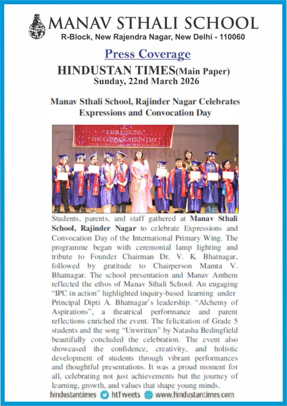 Manav Sthali School, Hindustan Times press coverage, Expressions and Convocation Day 2026, International Primary Wing convocation, Rajinder Nagar school event, School convocation ceremony Delhi, Grade 5 felicitation ceremony, Best School in Delhi, New Admissions Delhi Schools, Expressions event Manav Sthali School, IPC in action learning, Inquiry-based learning school India, Alchemy of Aspirations performance, Student convocation celebration, School annual celebration Delhi, Best school in Rajinder Nagar Delhi, Schools in New Rajendra Nagar, Top CBSE schools Delhi activities, Delhi school events 2026, Manav Sthali School achievements, School press coverage India, Student creativity and holistic development, Educational excellence Delhi schools, School events for parents and students, Primary school graduation ceremony, Student performances and presentations, Learning and growth celebration