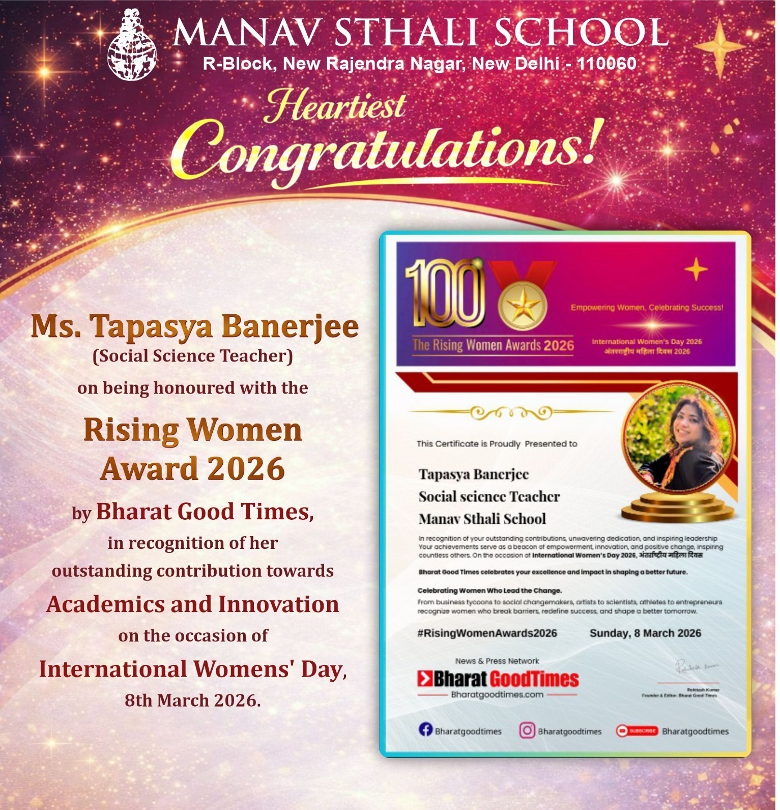 Tapasya Banerjee Rising Women Award 2026, Manav Sthali School teacher award, Best School in Delhi, Rising Women Awards 2026 India, New admissions Delhi Schools, Bharat Good Times award 2026, Women achiever award International Women’s Day, Best teacher award Delhi 2026, Social science teacher recognition, Women empowerment awards India, Academic excellence teacher award, Innovation in education award, Ms Tapasya Banerjee wins Rising Women Award 2026, Manav Sthali School teacher honoured on Women’s Day, Delhi teacher recognized for academics and innovation, Bharat Good Times Rising Women Awards 2026 winner, International Women’s Day teacher achievement India