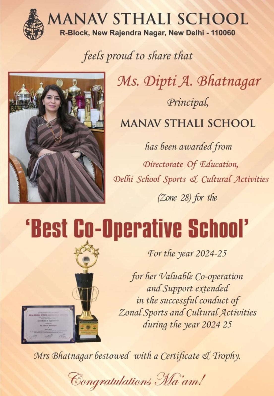 Manav Sthali School, Best School in Delhi, Best Co-Operative School Award, New Delhi School Admissions, Directorate of Education Delhi, Delhi School Sports and Cultural Activities, Zone 28 school award, Manav Sthali School achievement, Ms Dipti A. Bhatnagar Principal, School leadership award, Principal achievement Delhi school, Educational leadership recognition, Principal award Delhi, Best cooperative school Delhi, School sports and cultural activities award, Delhi school zonal activities, CBSE school achievements, School excellence award, Zonal sports activities Delhi schools, Cultural activities in schools, School participation in sports and culture, Student extracurricular achievements, School community collaboration, Manav Sthali School New Delhi, Rajendra Nagar Delhi schools, Delhi school awards and achievements