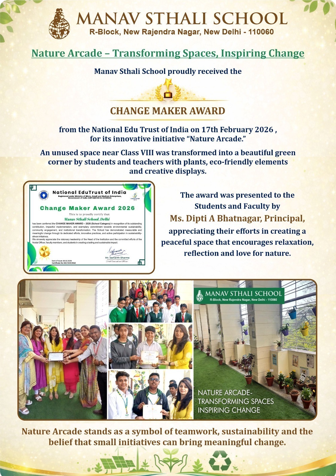 Manav Sthali School, New Delhi School Admissions, Nature Arcade initiative, Best School in Delhi, Change Maker Award 2026, National Edu Trust of India award, Manav Sthali School achievement, School sustainability initiative, Nature Arcade transforming spaces inspiring change, School green corner project, Eco-friendly school initiative, Sustainable school campus, School environmental project, Green learning spaces in schools, Student sustainability project, School environmental awareness, Students and teachers teamwork project, Eco club activities in school, Green campus initiative India, Environmental education in schools, Change Maker Award National Edu Trust, School innovation award India, Sustainability award for schools, Student led environmental initiative, Manav Sthali School New Delhi, Schools in Rajendra Nagar Delhi, Delhi school achievements, CBSE school environmental initiative