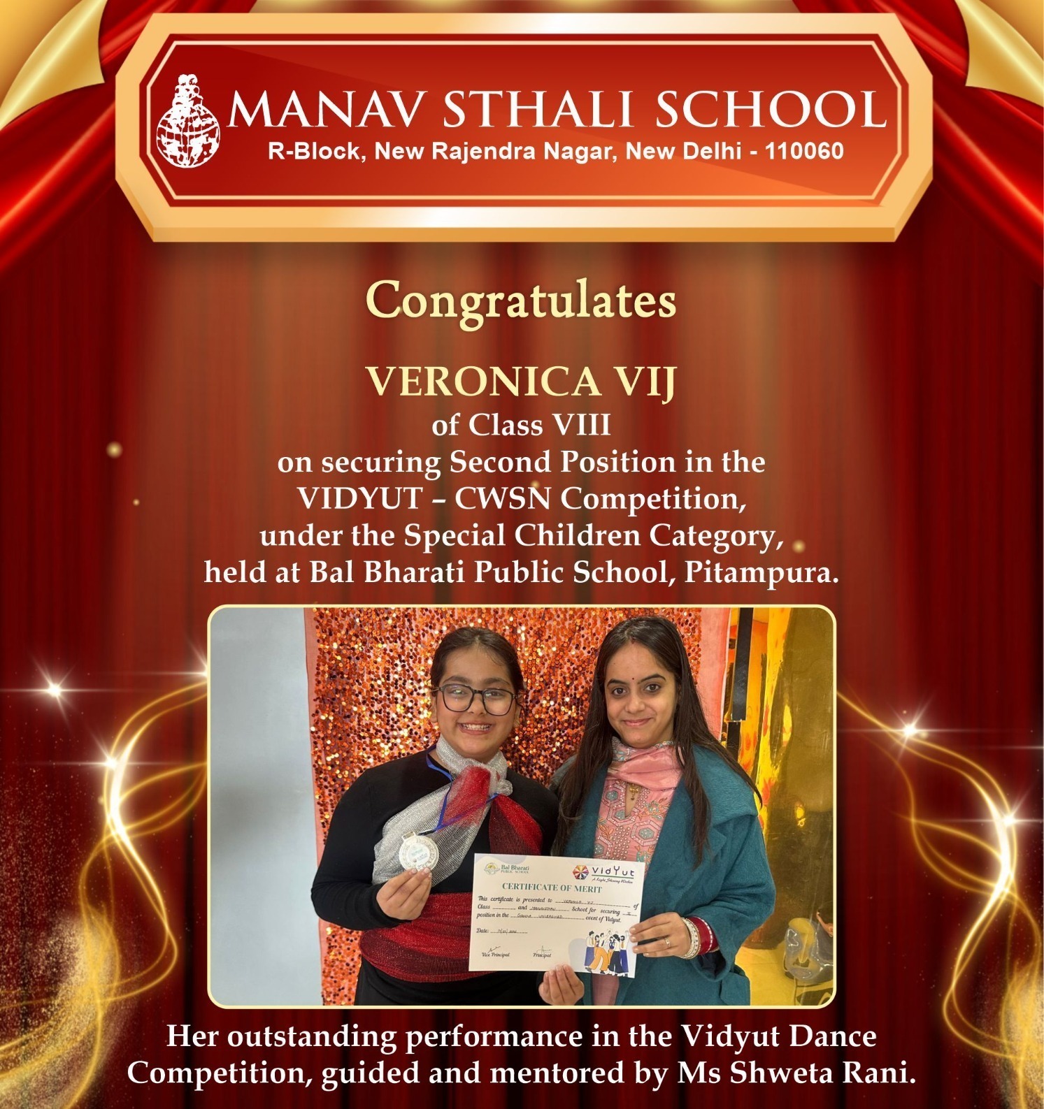 Manav Sthali School achievement, Best School in Delhi, Veronica Vij Class VIII award, New Delhi school admissions, Vidyut CWSN competition winner, Special Children Category competition, Vidyut Dance Competition award, Student achievement Manav Sthali School, CWSN competition results, Delhi school competition winners, Dance competition special category, Ms Shweta Rani mentor Vidyut competition, Certificate of merit Vidyut event, Inclusive education achievements, School awards and recognition Delhi, Manav Sthali School congratulates Veronica Vij, Second position winner Vidyut CWSN dance competition, Special children dance competition Delhi schools, Student achievement announcement poster Manav Sthali, Achievement in Vidyut competition guided by Ms Shweta Rani