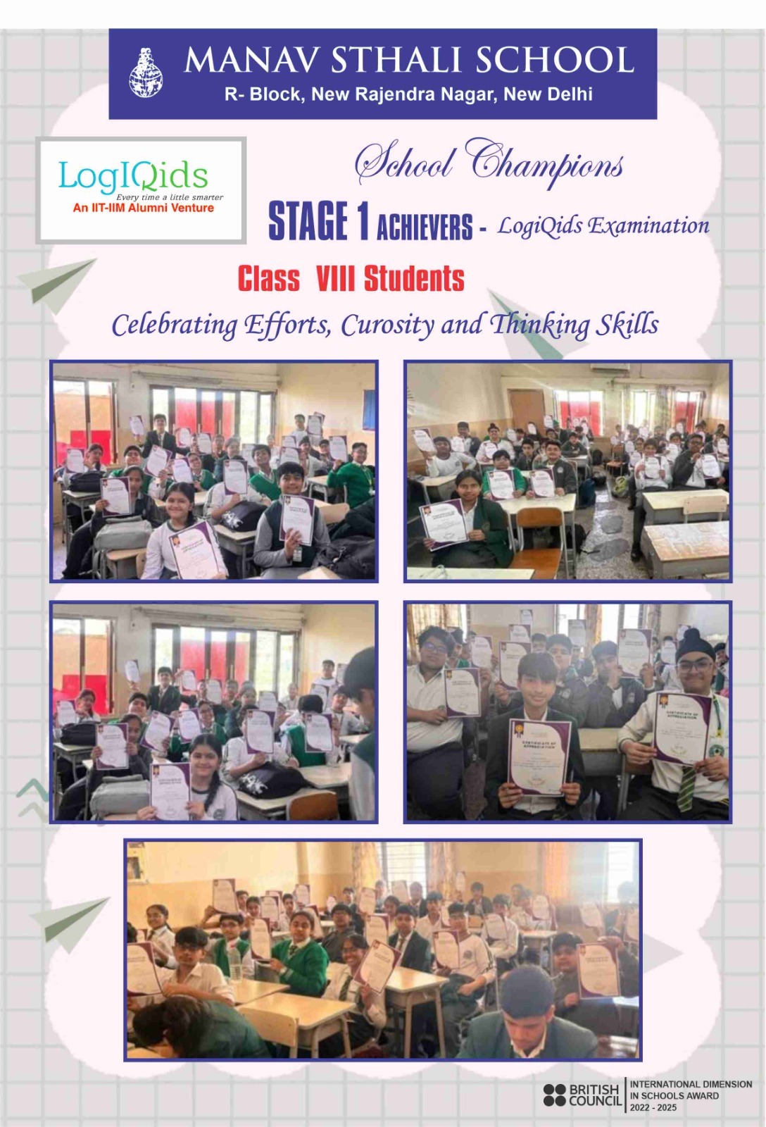 Manav Sthali School, Best School in Delhi, Manav Sthali School New Delhi, New Admissions Delhi School, LogIQids Examination, LogIQids Stage 1 Achievers, School Champions, Class VIII Student Achievements, Logical Reasoning Competition, Student Thinking Skills Development, Curiosity and Learning Skills, Academic Excellence in School, School Competition Winners, Student Achievement Awards, Logic and Brain Skills Program, Class 8 Students Achievement, Middle School Academic Success, Class VIII School Competition, Grade 8 Student Awards, Class 8 Logical Reasoning Competition, Schools in New Rajendra Nagar, Schools in New Delhi, Delhi School Achievements, Best Schools in Delhi, LogIQids by IIT IIM Alumni, Brain Development Program for Students, Skill Development for School Students, Analytical Thinking for Kids