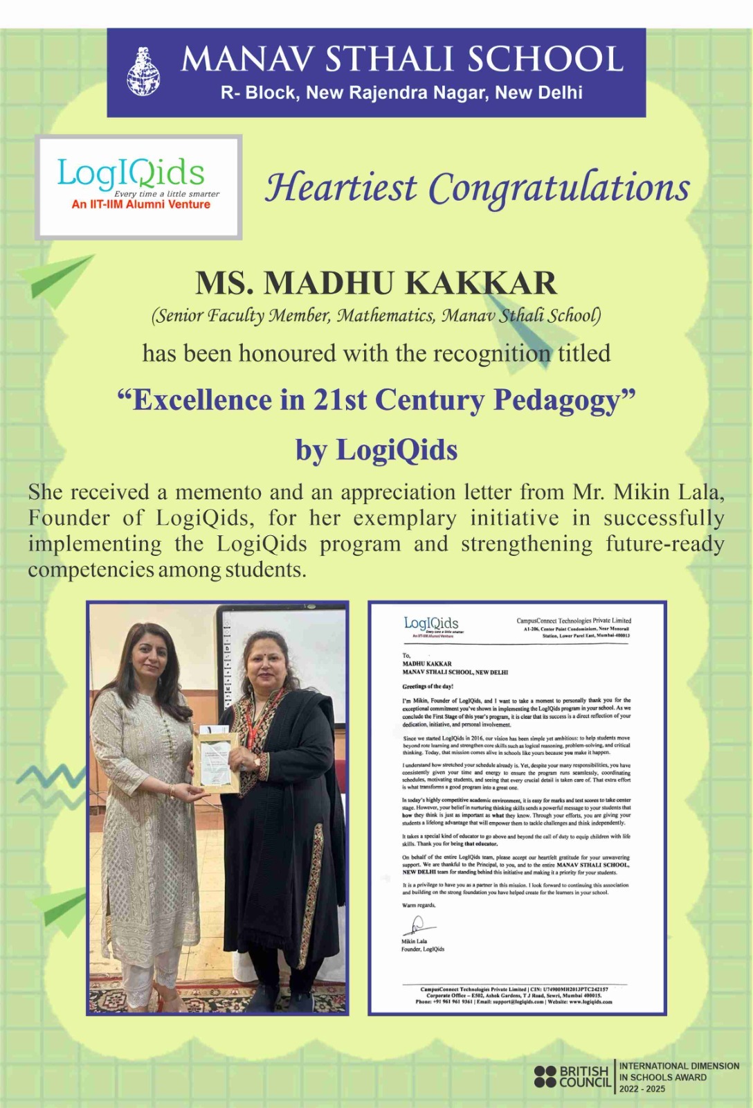 Manav Sthali School New Delhi, Best School in Delhi, Madhu Kakkar Mathematics Teacher, New Admissions Delhi School, Excellence in 21st Century Pedagogy Award, LogIQids Recognition Award, LogIQids Mental Aptitude Program, School Teacher Achievement Award, Innovative Teaching Methods in Schools, Future Ready Education in Schools, Logical Reasoning Program for Students, Critical Thinking Skills in Education, 21st Century Skills for Students, Analytical Thinking Development Program, Mental Aptitude Olympiad for Schools, Brain Training Program for Students, Logical Reasoning Education Initiative, Teacher Excellence Award India, Manav Sthali School Faculty Achievement, Outstanding Educator Recognition, Innovative Pedagogy in Mathematics, School Academic Excellence Award